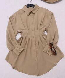Chemise Long Sleeve Dress Shirt Button Down Shirt - Màu be - Xem 2