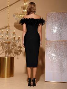 Modphy Faux Feather Sexy V-Neck Off Shoulder Backless Bodycon Bandage Midi Dress, Elegant Women's Holiday Wedding Guest Bridesmaid Party Formal Gown