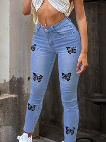 Women's Mid-Rise Skinny Jeans With Butterfly Prints, Casual And Avant-Garde, Suitable For Daily Life, Shopping, Parties, Music Festivals,Pantalón Jean Mujer,Women Clothes,Jeans Para Mujer,Pantalones De Mujer Jean,Ropa De Mujer,Tall Jeans Women,Y2k Clothes,Going Out Outfits,Holiday Outfits For Women,Vacation Outfits Women,Club Outfits For Women,New Years Outfit Women,Holiday Outfits For Women - Màu xanh nhạt - Xem 6