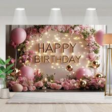 1 Pc Elegant Pink Balloon Birthday Backdrop, With Floral Wreath And Golden Accents - Made Of Polyester Fabric, Ideal For Social Gatherings, Photography And Celebrating Special Occasions, Birthday Party Decoration