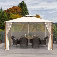 12' X 10' Outdoor Patio Gazebo W/ Netting 2-Tier Canopy Roof Metal Frame - Beige and Natural - View 5