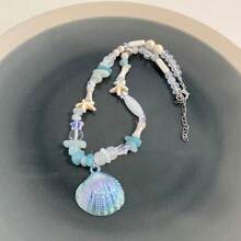 1 pieza Collar con colgante de concha y estrella de mar para mujer, accesorio de moda de playa y vacaciones