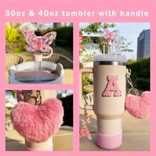 8 piezas de accesorios para taza de 40 oz y 30 oz, incluyendo tapa con pajita, tapa de silicona a prueba de derrames, funda de silicona, cadena con dije de letra, pegatina, gancho en forma de corazón, pompones con forma de corazón y bola de pelo, ideal para camping, regalo del Día de San Valentín, Día de la Madre, útiles escolares