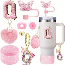 8 piezas de accesorios para taza de 40 oz y 30 oz, incluyendo tapa con pajita, tapa de silicona a prueba de derrames, funda de silicona, cadena con dije de letra, pegatina, gancho en forma de corazón, pompones con forma de corazón y bola de pelo, ideal para camping, regalo del Día de San Valentín, Día de la Madre, útiles escolares