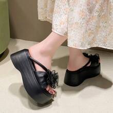 Women's Black Net Bow Knot Comfort Platform Wedge Sandals, Versatile Cute Style, Summer