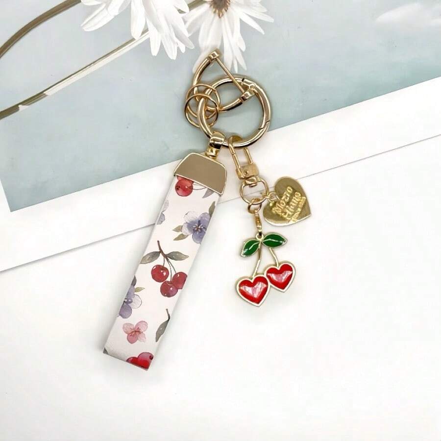 Love Cherry CP Is Coming! 1 Piece Of Cherry Pattern Leather And Alloy Metal Hanging Rope Keychain With Unique Heart And Pearl Pendants, Hanging Car, Door Keys, Bags, Fashionable And Practical! - Multicolor - View 1