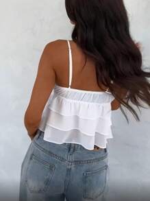 Women Tiered Ruffle Cami Tank Tops Y2K Spaghetti Strap Bow Decor V-Neck Layered Ruffle Hem Camisoles Crop Tops Summer Sleeveless Backless Vests Shirts Tops Cute Going Out Tops Streetwear - 白色 - 查看 10