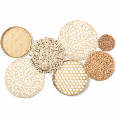 Boho Style 1/7-Piece Handmade Woven Seagrass Rattan Wall Decor - Coastal Art Hanging Baskets For Bedroom, Living Room, Farmhouse - No Electricity Or Battery Required