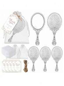 4/16/32件套派对礼品套装、婚礼派对礼品套装、新娘送礼会礼物、优雅的手持镜子、感谢卡和白色欧根纱束口袋、乔迁礼物，适合生日派对、单身派对、水疗派对 - 彩色 - 查看 6