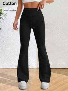 女士休闲运动瑜伽裤，户外运动时尚，细节精致，喇叭裤腿纯色长裤，黑色，春季款 - 黑色 - 查看 3