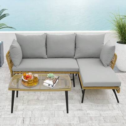  ERGOMASTER 3-Piece Outdoor Wicker Furniture Set L-Shaped Patio Sofa With Glass Table Bistro Set With Cushions Metal Frame