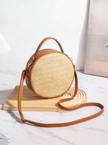 Women's Straw Woven Round Handbag, Summer Beach Style Shoulder Bag, Casual Tote Crossbody Bag, Fashion Summer Vacation Bag, Beach Essentials Women Bags For Vacation & Holiday
