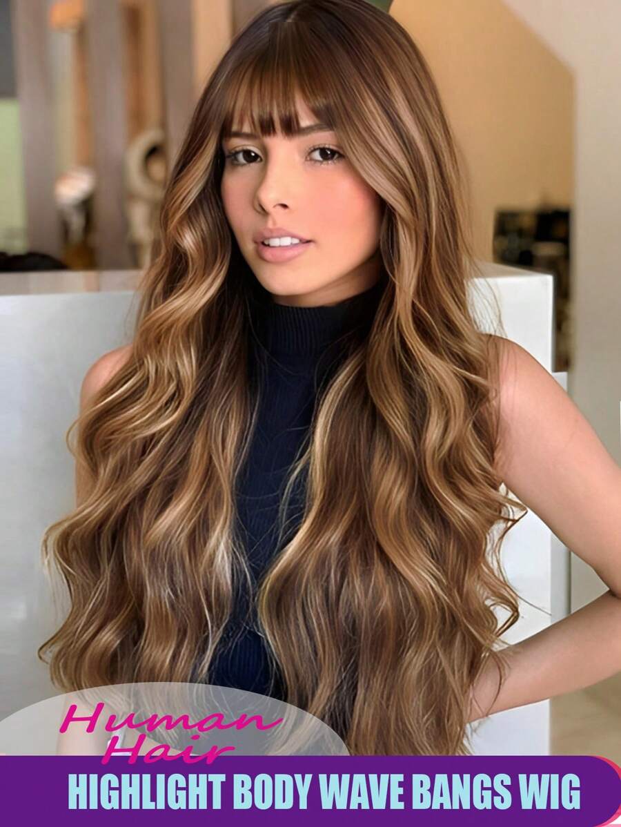 人发挑染波浪假发带刘海全机织无胶假发金色混合棕色无蕾丝可戴可戴 180% 浓度巴西雷米假发适合女性日常使用