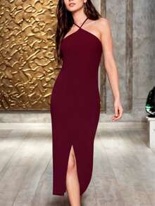 Vestido Largo Ajustado de Tirantes con Abertura en Pierna para Mujer - Rojo violeta - Ver 3