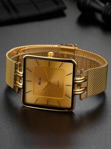 MISSFOX Fashion Men's Gold Dial Simple Square Stainless Steel Mesh Strap Watch