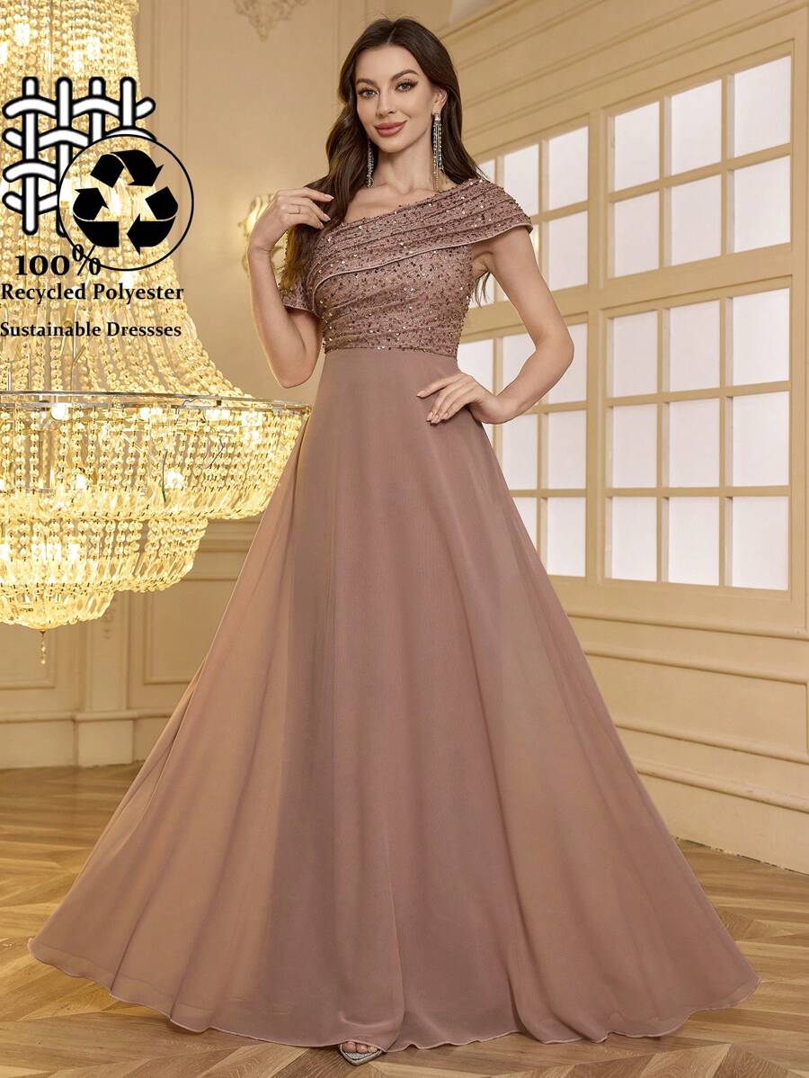 UNITHORSE 不对称肩部亮片拼接腰部喇叭形正式晚礼服，带有褶饰细节，女士礼服，派对礼服，婚礼宾客礼服