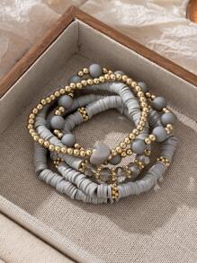 5pcs/Set Elegant Gray Soft Ceramic Heart Bead Multi-Layer Bracelet Set, Artificial Crystal Elastic Bracelet, Suitable For Ladies Daily Wear, Dating, Party, Mother's Day, Friendship Bracelet