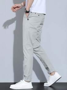 秋季男士休闲纯色简约日常长裤 - 淺灰色 - 查看 3