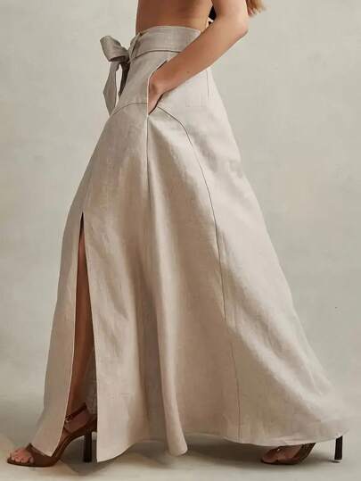 Women's Casual Summer Split Hem Skirt, Solid Color, Light And Breathable