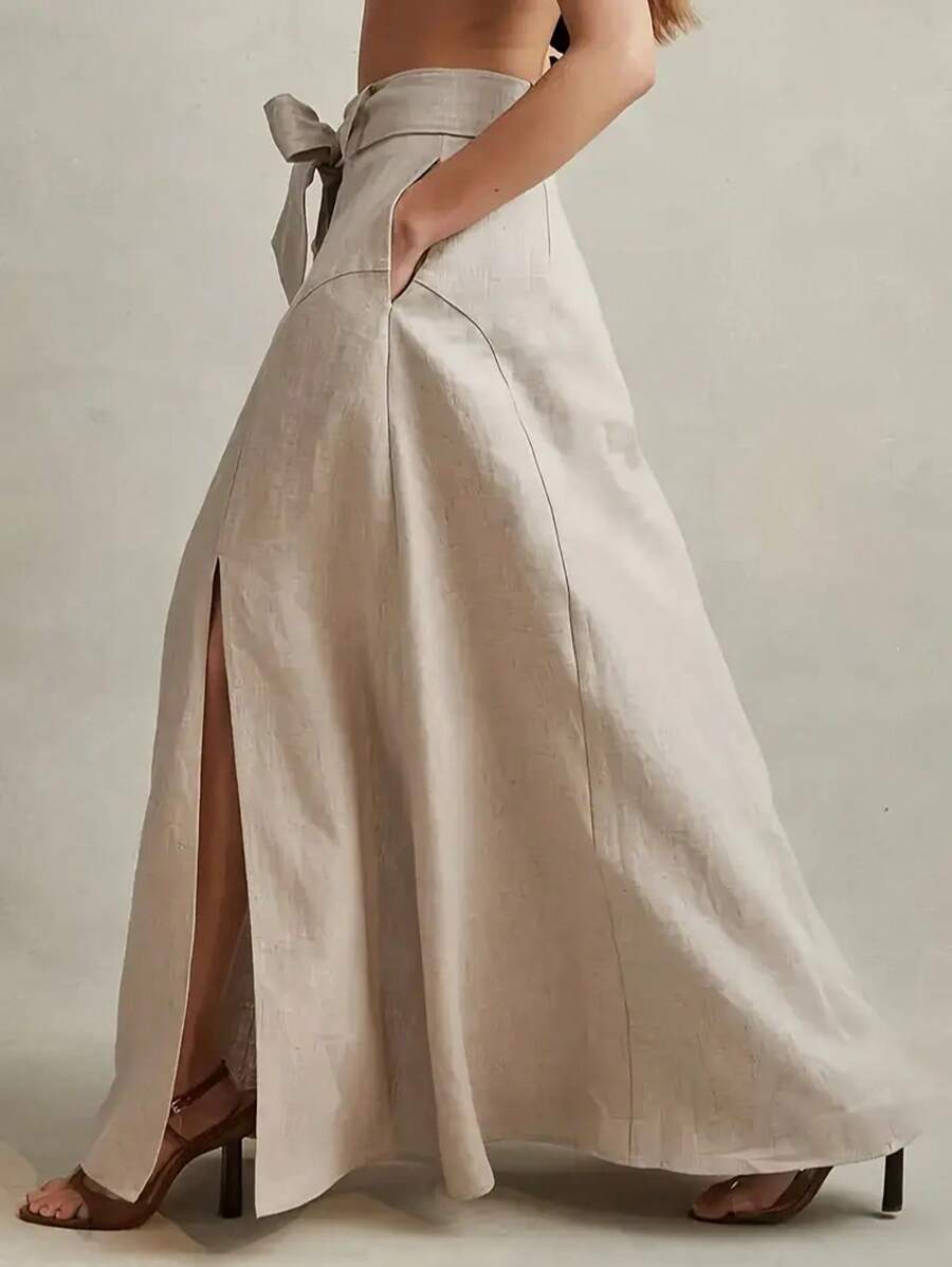 女士休闲夏季开衩下摆半身裙，纯色，轻盈透气