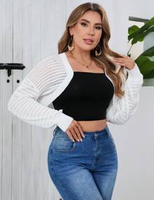 GoyRrbay Women's Plus Size Hollow Shrug Top V Neck Long Sleeve Knit Crop Cardigan - trắng - Xem 3