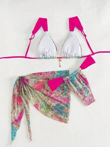 3pcs/Set Random Paisley Print Light Blue Halter Top, Triangle Bikini Bottoms & Chiffon Sarong Skirt Women's Swimsuit, Beach Vacation Style - Multicolor-rose Red - View 2