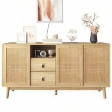 Sideboard With 3 Sliding Doors In Real Rattan And 2 Drawers, 155x38x80 Cm, Breathable, Robust And Versatile