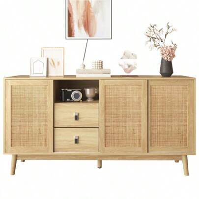 Sideboard With 3 Sliding Doors In Real Rattan And 2 Drawers, 155x38x80 Cm, Breathable, Robust And Versatile