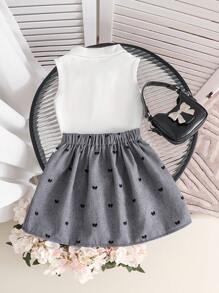 2 件装年轻女孩时尚无袖领口上衣和褶皱蕾丝边裙套装，夏季 - 白色 - 查看 2