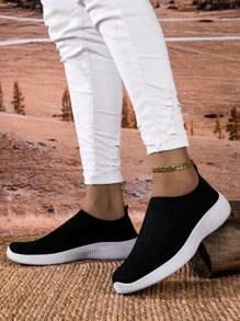 Giày lười đế bằng dệt kim thoáng khí màu đen và trắng dành cho nữ, nhẹ và thoải mái khi mang hàng ngày - Đen và trắng - Xem 4