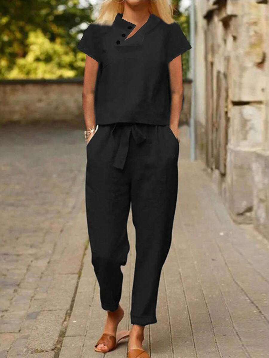 女士休闲纽扣衬衫和裤子套装，春夏 - 黑色 - 查看 1