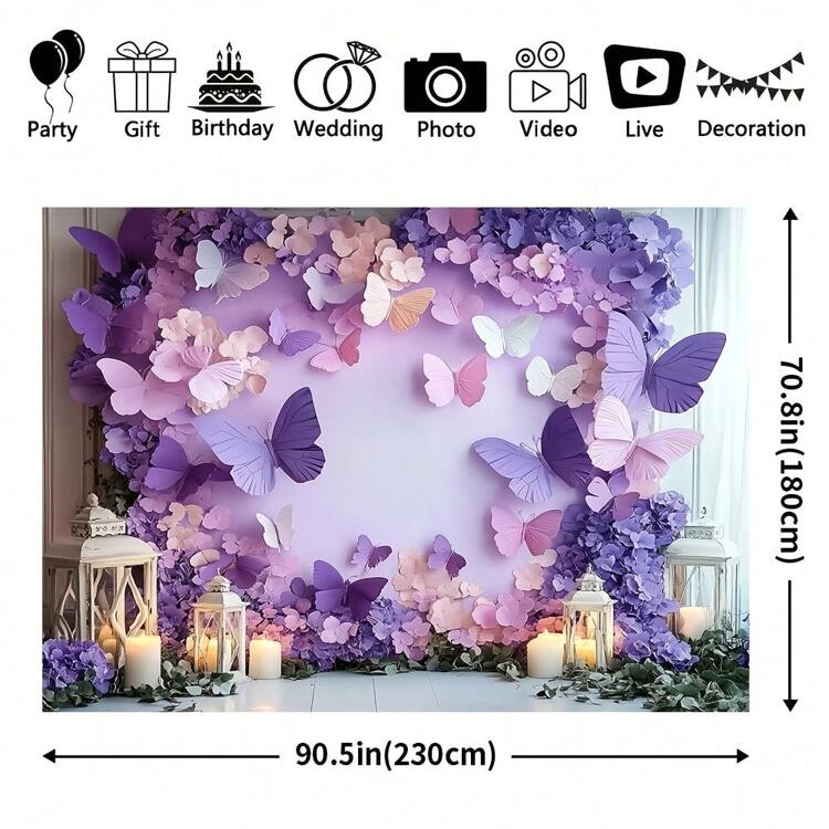 1개 우아한 퍼플 나비와 핑크 나비 배경 배너 - 생일 파티, 실내외 장식, 정원 장식, 웨딩에 적합한 다양한 크기의 폴리에스터 소재, 전기 불필요 - 멀티컬러 - 보기 4