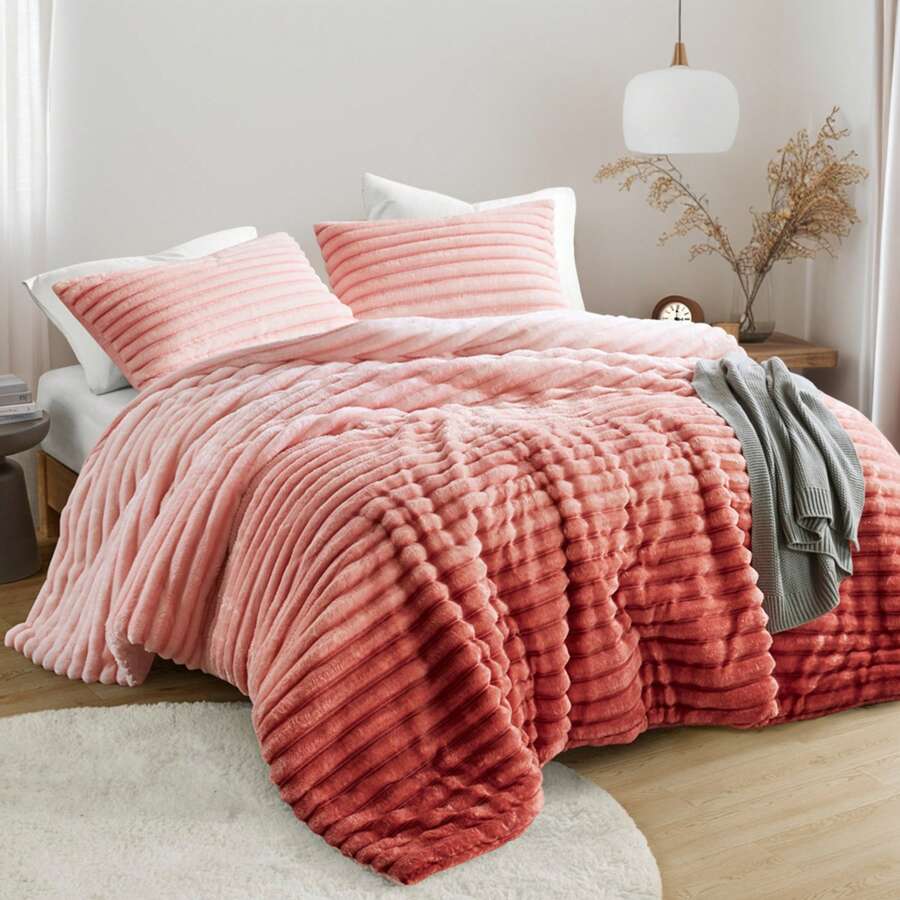 Fluffy Ribbed 2/3 Pieces Cord-Textured Bedding Comforter Set,Plush 300 Gsm Fabric For Weighty Durability And Softness Comforter Sets,2 Pieces Set For Twin-Twin XL Size,3 Pieces Set For Full-Queen-King-CAL King Size,Cozy All-Season Home Textile For Stylish Home Bedroom Décor,Modern Room Decor,Summer Prmo, Halloween Christmas Thanks Giving Gifts - 腮紅漸層色 - 查看 1