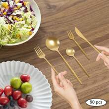 TFCFL 90PCS Gold Dinnerware Set, Gold Flatware Cutlery Set, Stainless Steel Utensils Set For Home Restaurant