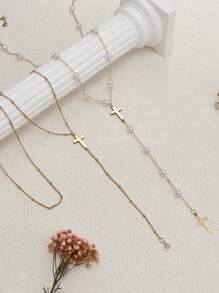 1pc Cross Gold Bead Pearl Necklace For Women,Faux Pearl Chain 14k Gold Plated Stainless Steel Gold Bead Chain Cross Long Collarbone Necklace Faith Necklace Christian Gifts, Friendship Gifts, Mama Gifts, Christmas Gifts, Faith Gifts,Jewelry Gifts