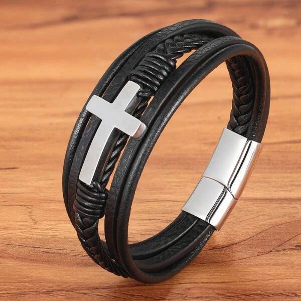 Deluxe Multi-Colored Cross Design Classic Stainless Steel Men's PU Leather Bracelet 7.48/8.27/9.06 Inches Select Handsome Christmas Gifts, Father's Day Gifts
