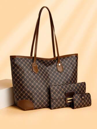Ensemble et polyvalent de 3 pièces pour femmes d'âge moyen : sac fourre-tout à épaule avec imprimé floral, grand volume, portefeuille et porte-cartes