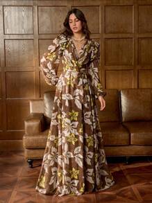 Faeriesty 印花花卉交叉 V 领连衣裙，配有喇叭袖和腰带 - A 字夏季连衣裙，适合花园派对、婚礼宾客服装、正式晚宴、豪华早午餐 - 棕色 - 查看 4