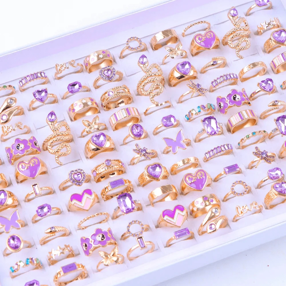 20Pcs Fashion Sparkling Butterfly Snake Flower Rings Set For Women Men Mix Style Stylish Inlaid Rhinestone Jewelry Prefer Match Daily Outfits Party Decor - 20 Random Purple Rhinestone Rings - View 1