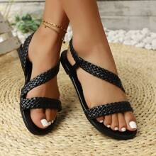 Bohemien Lässig Damen bequeme flache Mode Sandalen, gewebte Riemen römischer Stil offene Zehensandalen - Schwarz - Übersicht 4