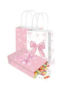 5/10pcs Pink Bow Gift Bags, Paper Bags With Handles For Women, Party, Candy, Birthday, Christmas, Wedding, Engagement,Birthday,Bride,Wedding