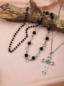 Set de 3 bucăți de colier în stil boem, cu stea, cruce, perlă neagră, margele de cristal și pandantiv inimă, bijuterii de inspirație gotică și hipster.