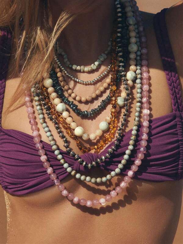 1 pieza Collar bohemio de múltiples capas con cuentas de colores, casual y versátil para uso diario