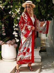 Retro Elegant Mid-Length Loose Printed Robe Kimono Cover Up, Beach Cover Up, Summer Vacation Swimsuit Cover-Up, Sun Protection - Red - View 9