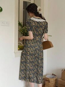 Simple Retro Women's Spring - Summer V - Neck Woven Dress With Lace Fringe, Drawstring And Floral Print - Black - View 9