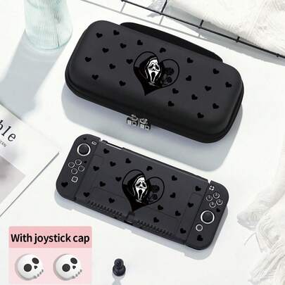 1pc Skull & Black Heart Pattern Protective Case, Compatible With Nintendo Switch NS/Switch OLED/Lite, Suitable For New Switch 2 (2025)/Switch Console Accessories Protective Shell/Storage Bag, Includes Skull Joystick Cap For Portable Use, Best Halloween Gift Compatible With Switch Players