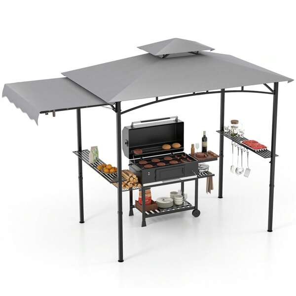 Homasis 11 X 5 FT Grill BBQ Gazebo W/ Side Awning Double-Tiered Top 2 Side Shelves