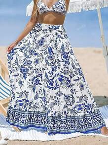 Women Floral Print High Waist Maxi Casual Skirt, Suitable For Holiday