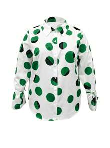 大码女式波尔卡圆点印花落肩长袖纽扣休闲衬衫，秋季 - 綠色 - 查看 2