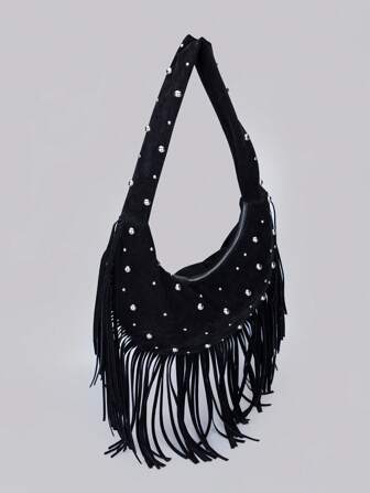 Sac à main en forme de croissant de lune, style punk Y2K, de style minimaliste décontracté, en matériau suède noir avec rivets incrusté, avec décoration de franges, fermeture à glissière, style mode moderne de luxe discret. Convient pour un usage quotidien, le shopping et autres utilisations. Peut contenir un téléphone portable, un porte-cartes, etc.